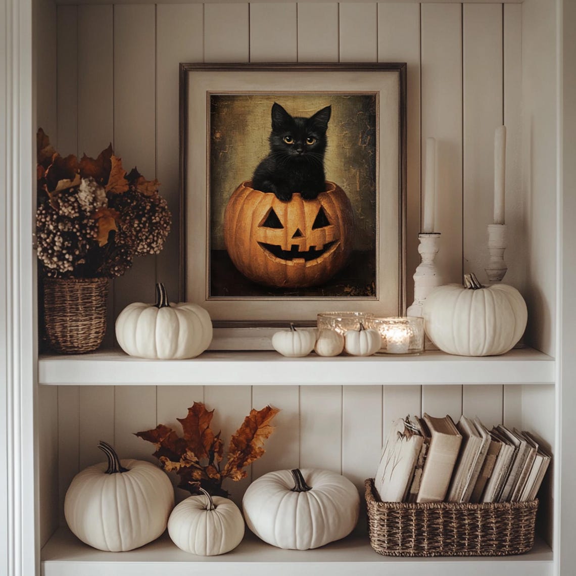 Black Cat Halloween, Vintage Cottagecore Art Print - Image 3
