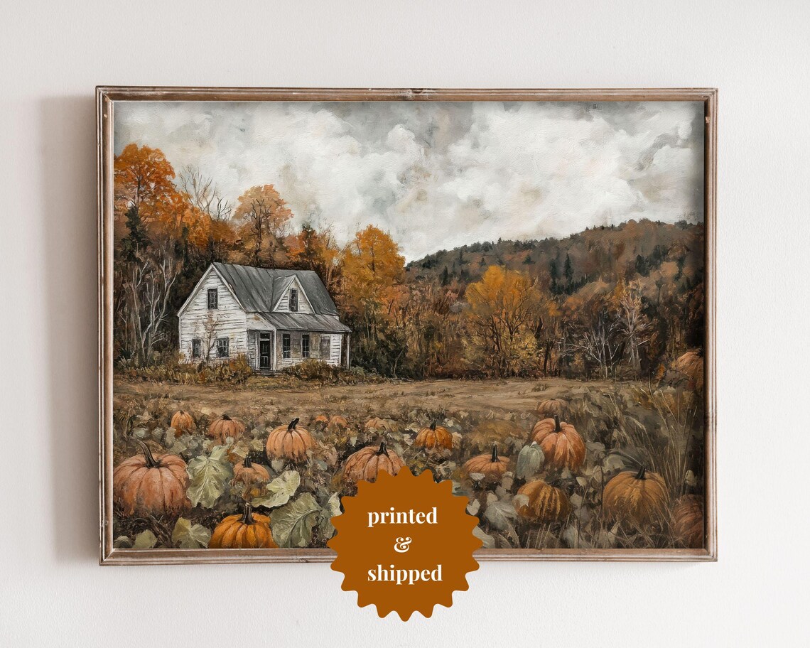 Pumpkin Patch Vintage Style Painting, Cottage Fall Decor