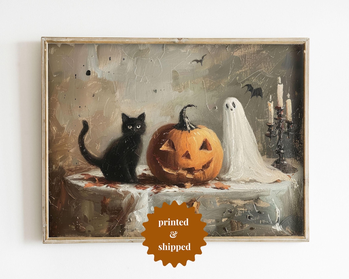 Black Cat Pumpkin Ghost Vintage Style Art Print