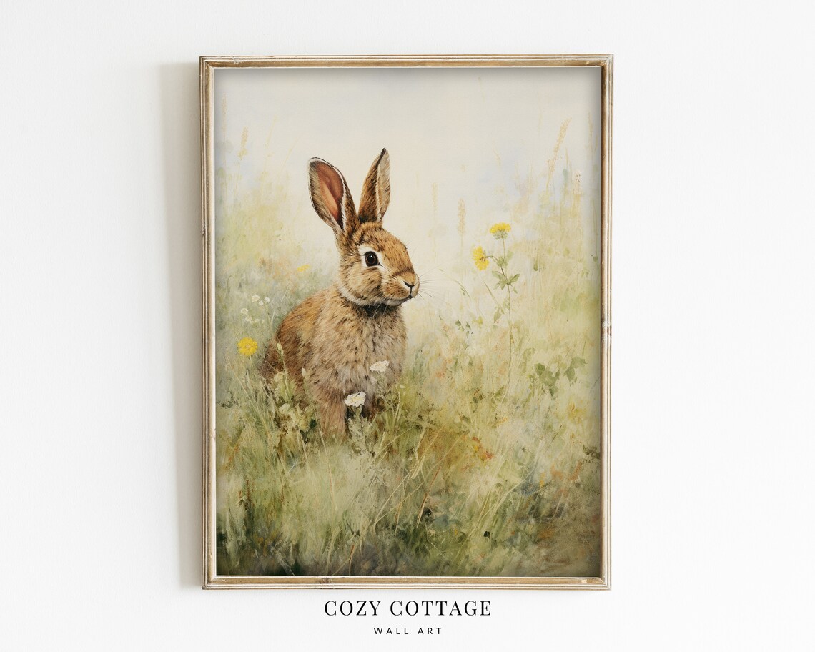 Rabbit Vintage Style Painting, Cottage Easter Spring Decor