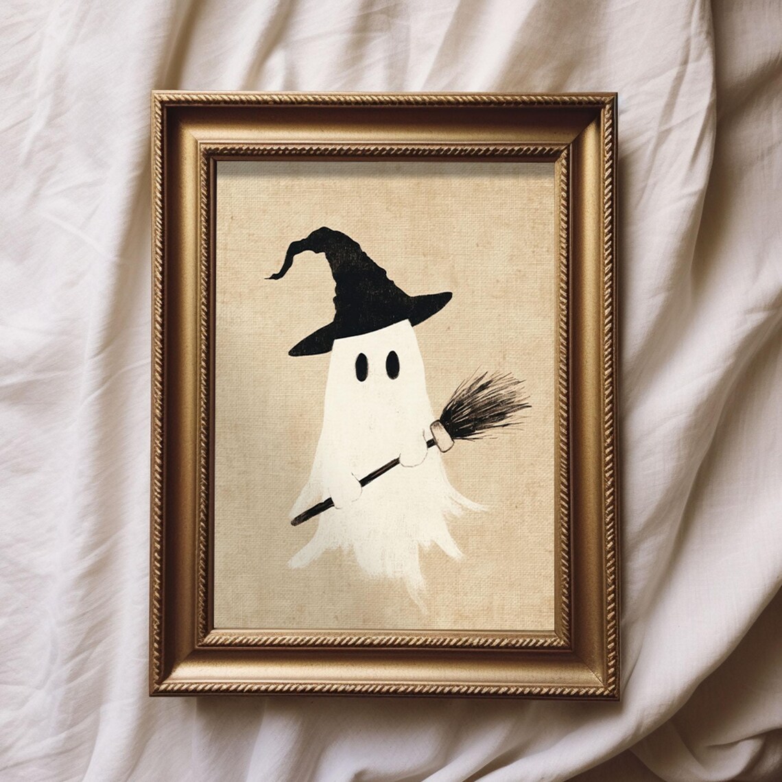 Witchy Ghost Holding Broom, Vintage Style Drawing - Image 2