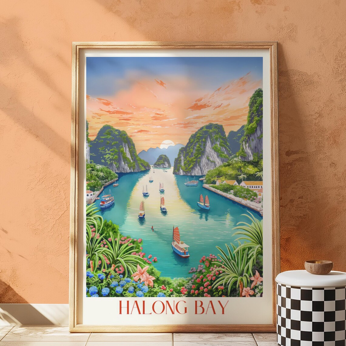 Colorful Halong Bay Vietnam Tropical Sunset Harbor Junk Boats Poster
