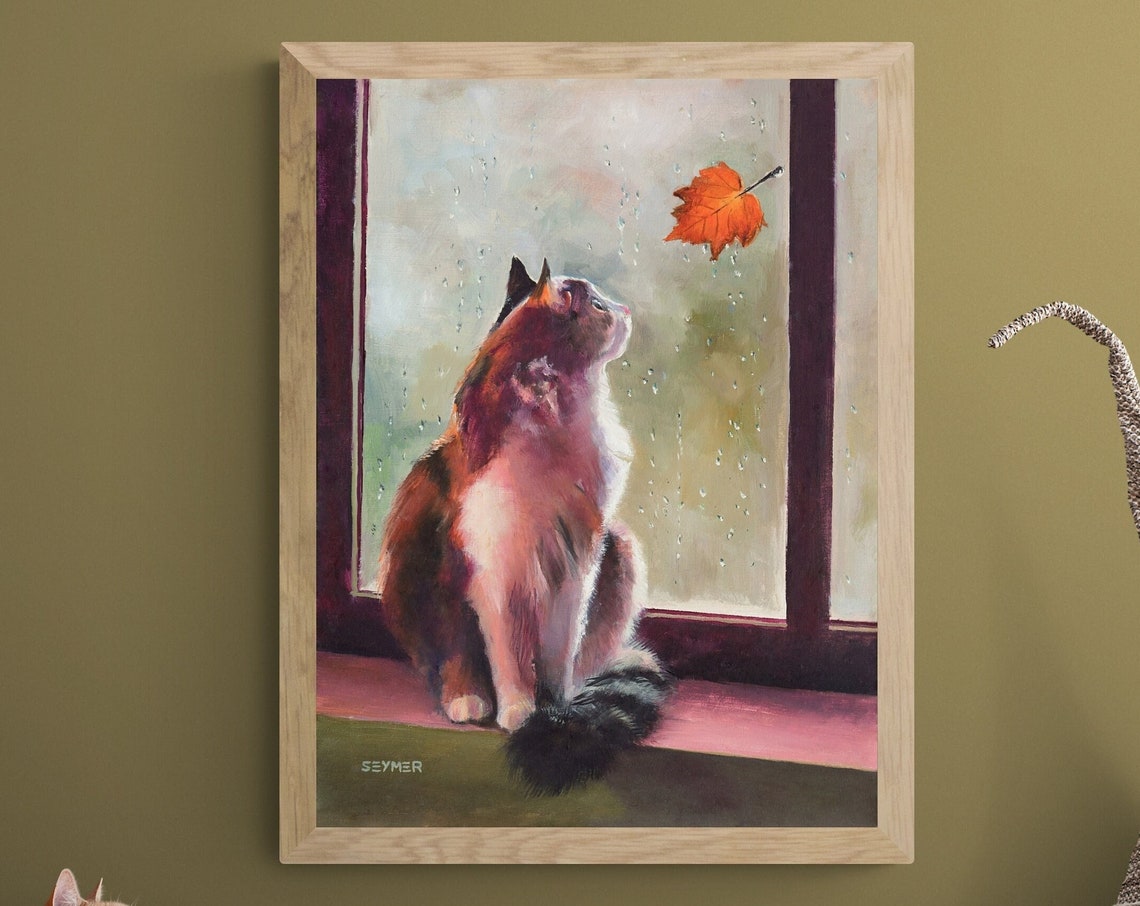Calico Cat Watching a Falling Orange Leaf in the Rain Poster - Image 6