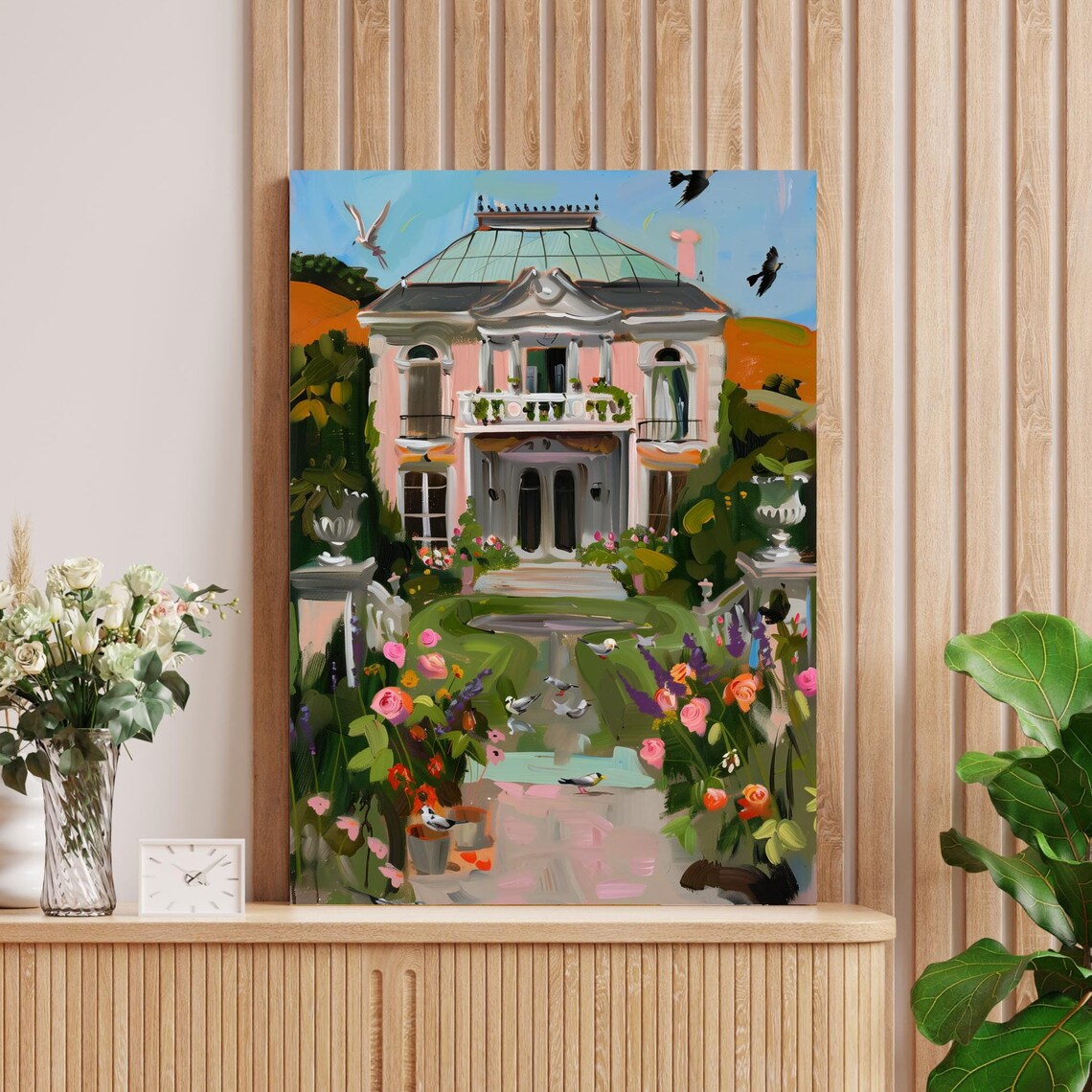 Pink French Chateau With a Blooming Garden and Birds Art Poster