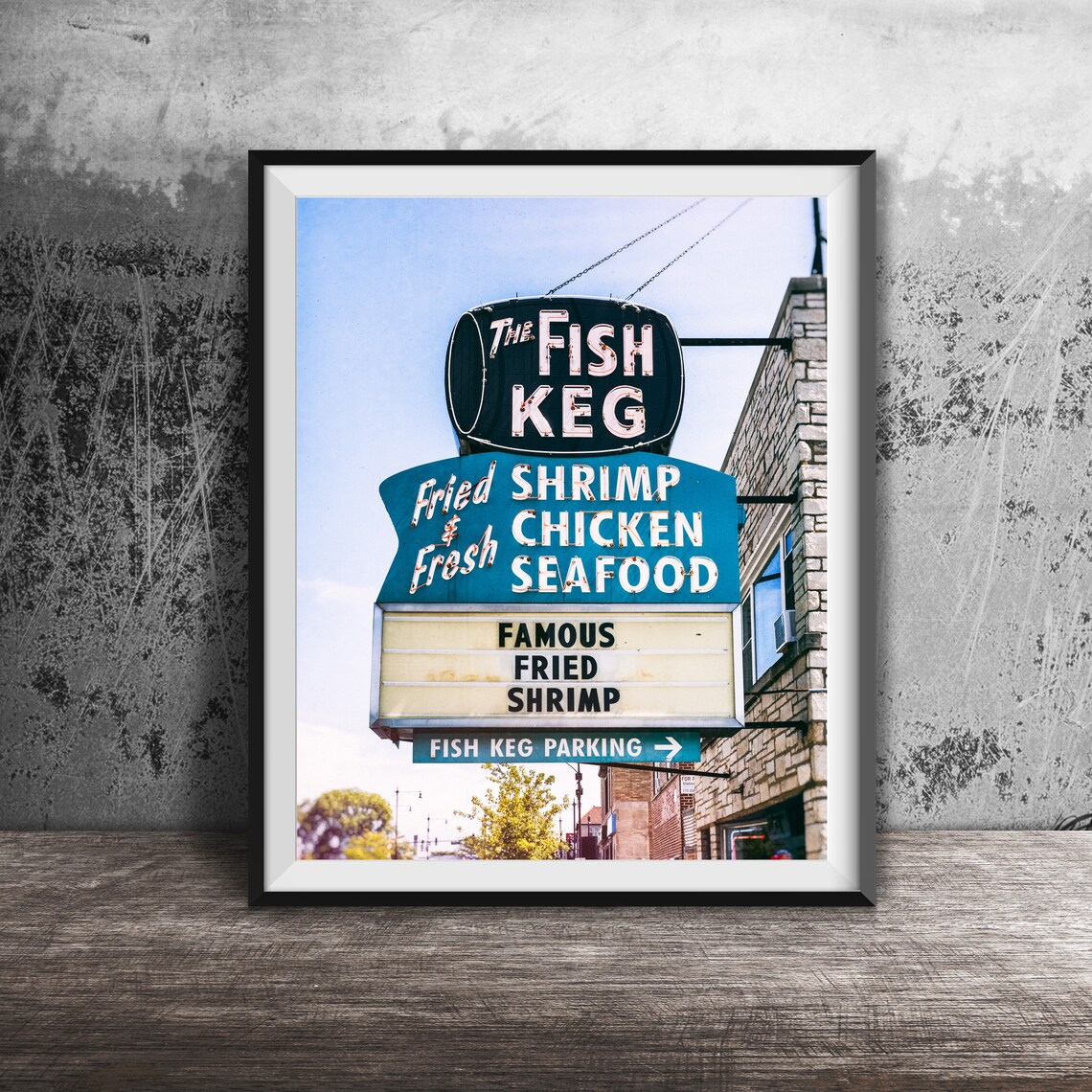The Fish Keg Fried Shrimp Seafood Neon Sign Rogers Park Poster