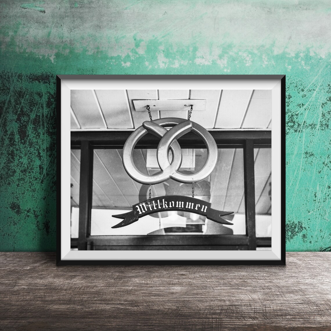 Golden Pretzel Willkommen Sign at German Bakery Photography Poster - Image 2