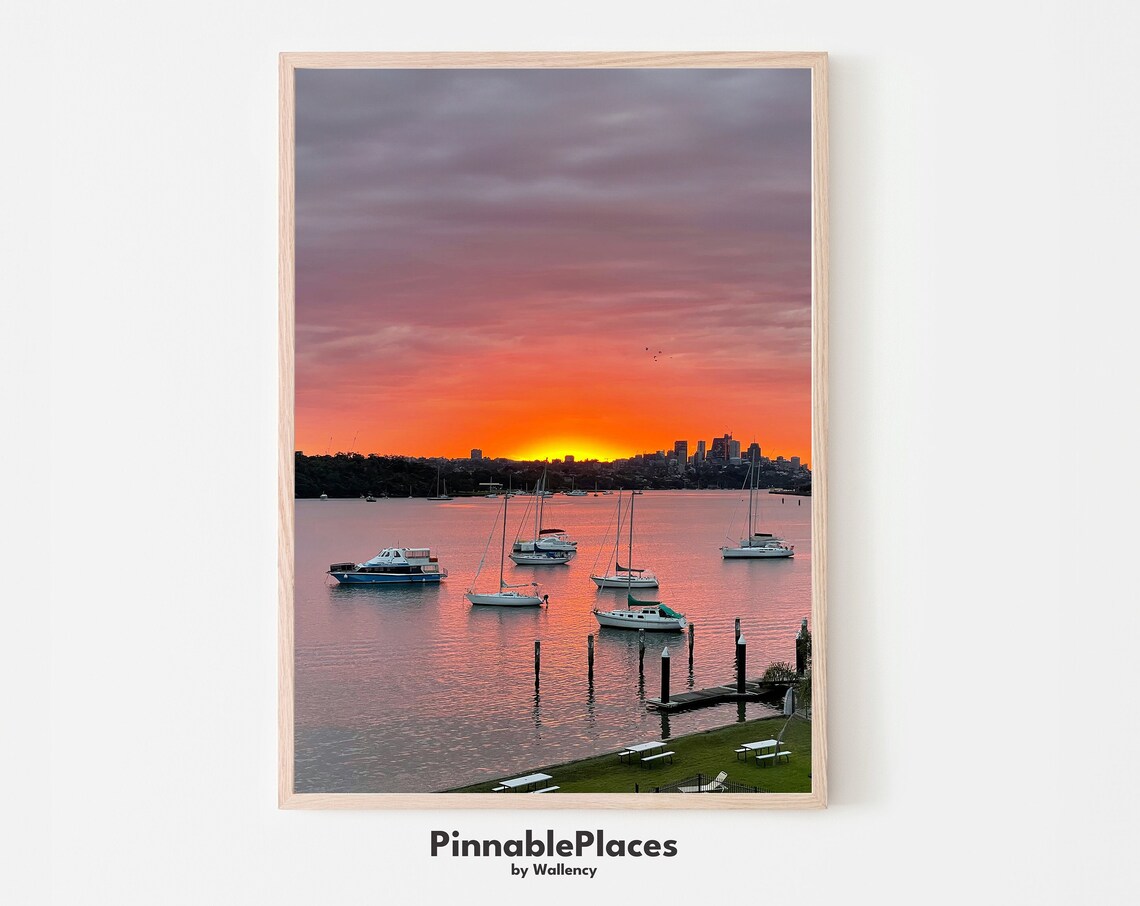 Sailboats Sunset Harbor Calm Water Golden Sky Seaside Photo Poster
