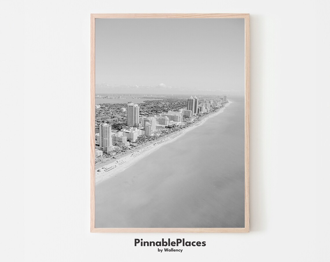 Miami Beach Florida Black And White Aerial Coast Photo Poster