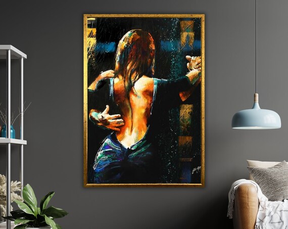 Romantic Dancing Couple In Embrace Night Lights Oil Painting Wall Art Poster