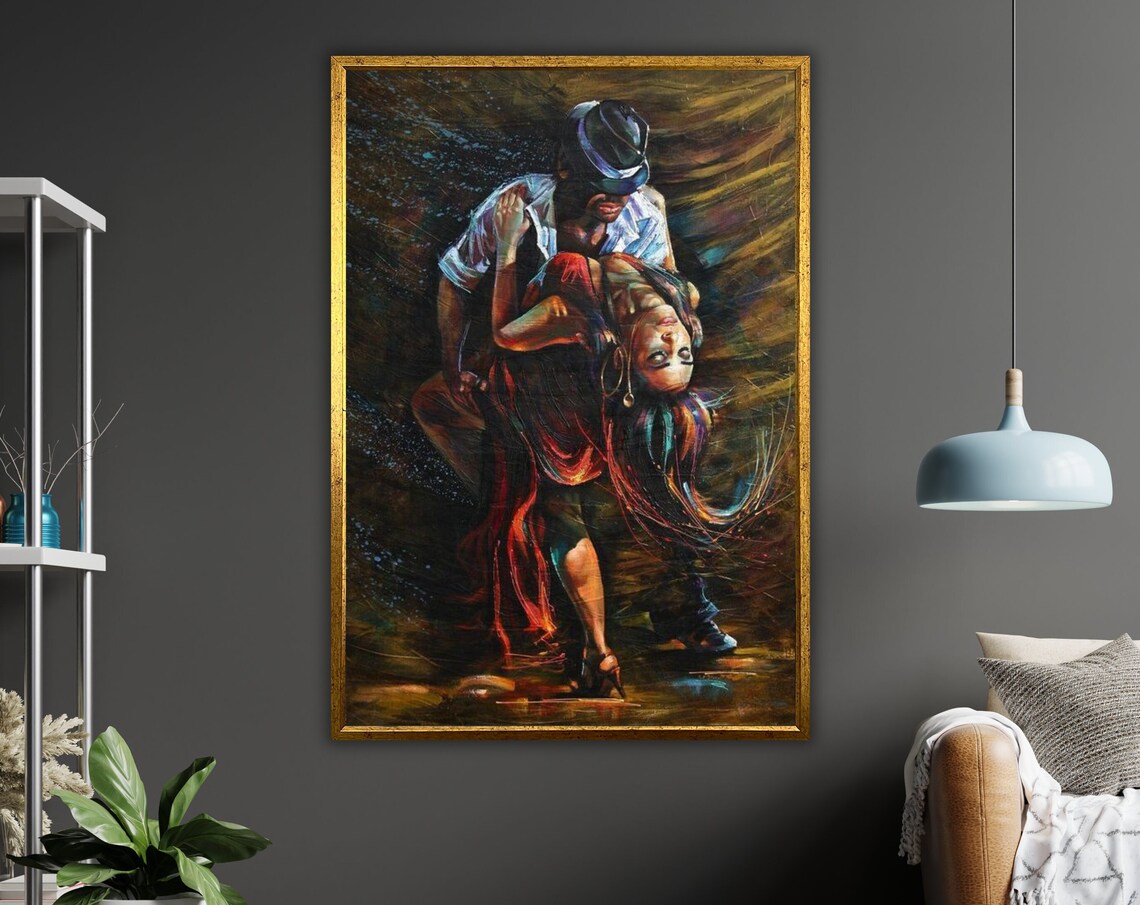 Passionate Tango Dancers Deep Dip Red Dress Romantic Oil Painting Poster