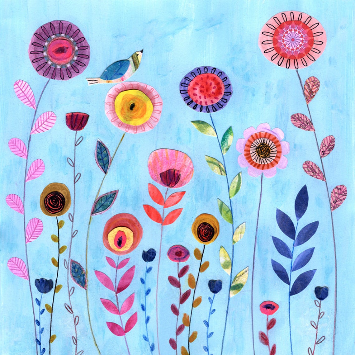 Tall Whimsical Flowers With Bird On Blue Collage Botanical Art Poster
