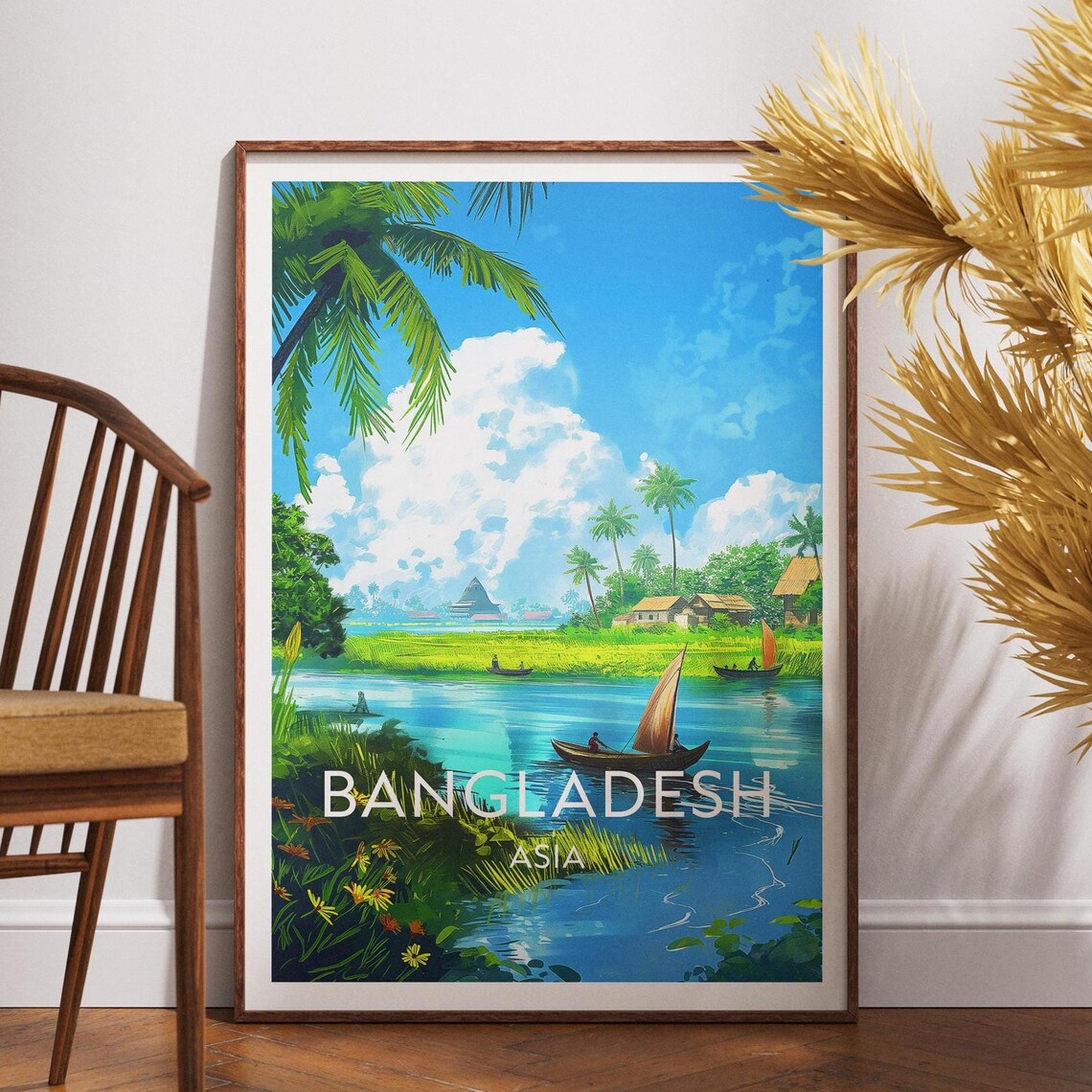 Bangladesh Asia River Boats Sail Village Scene Travel Art Poster