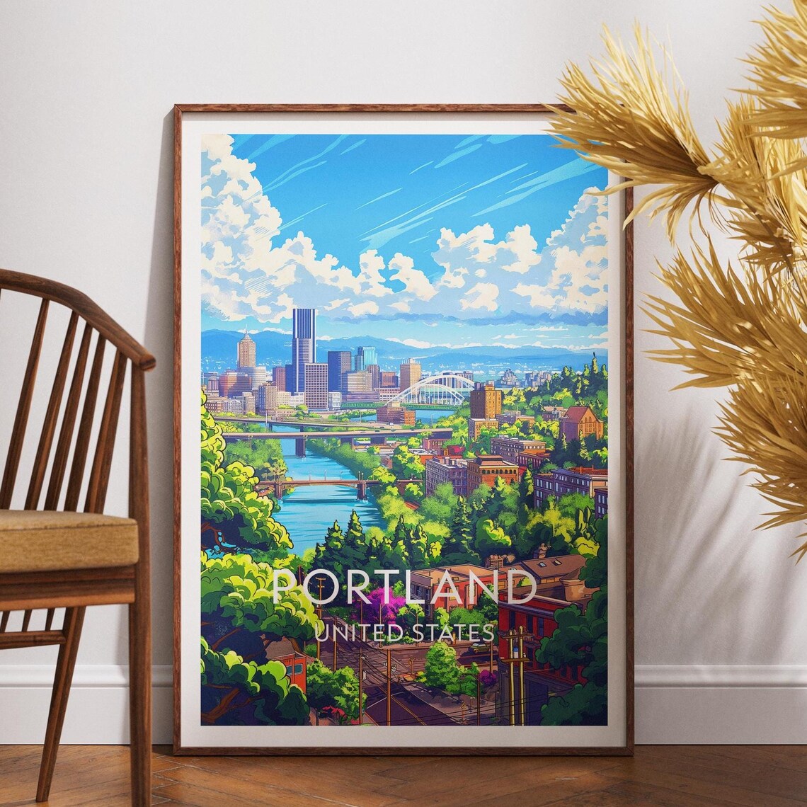 Portland United States River Bridges Skyline Green Hills Poster