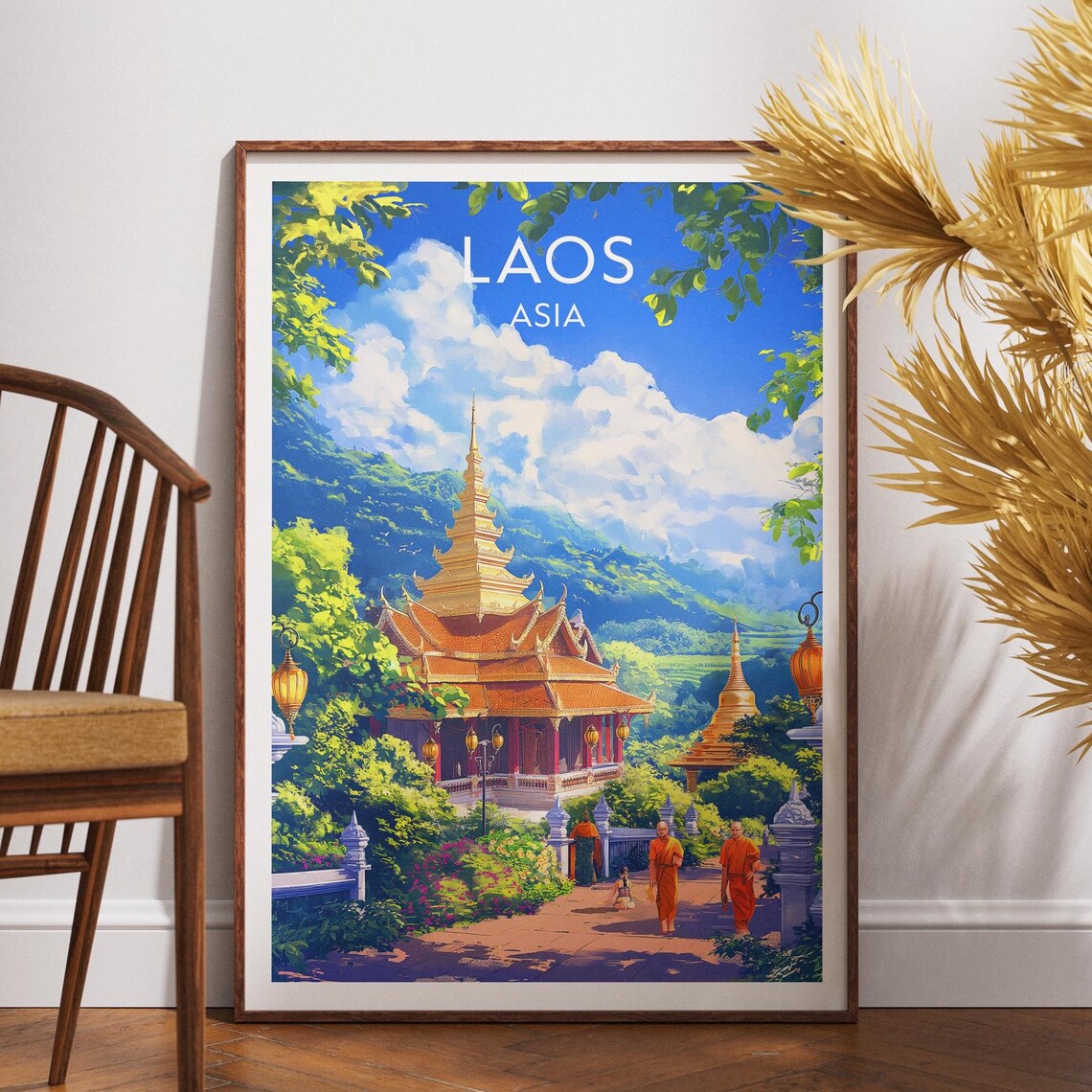 Laos Asia Golden Buddhist Temple Monks Green Jungle Travel Poster