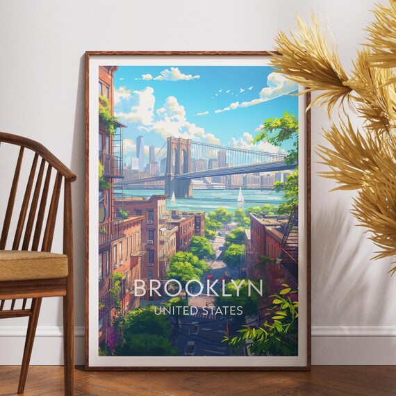 Brooklyn New York Bridge Skyline Brownstone Street Travel Poster