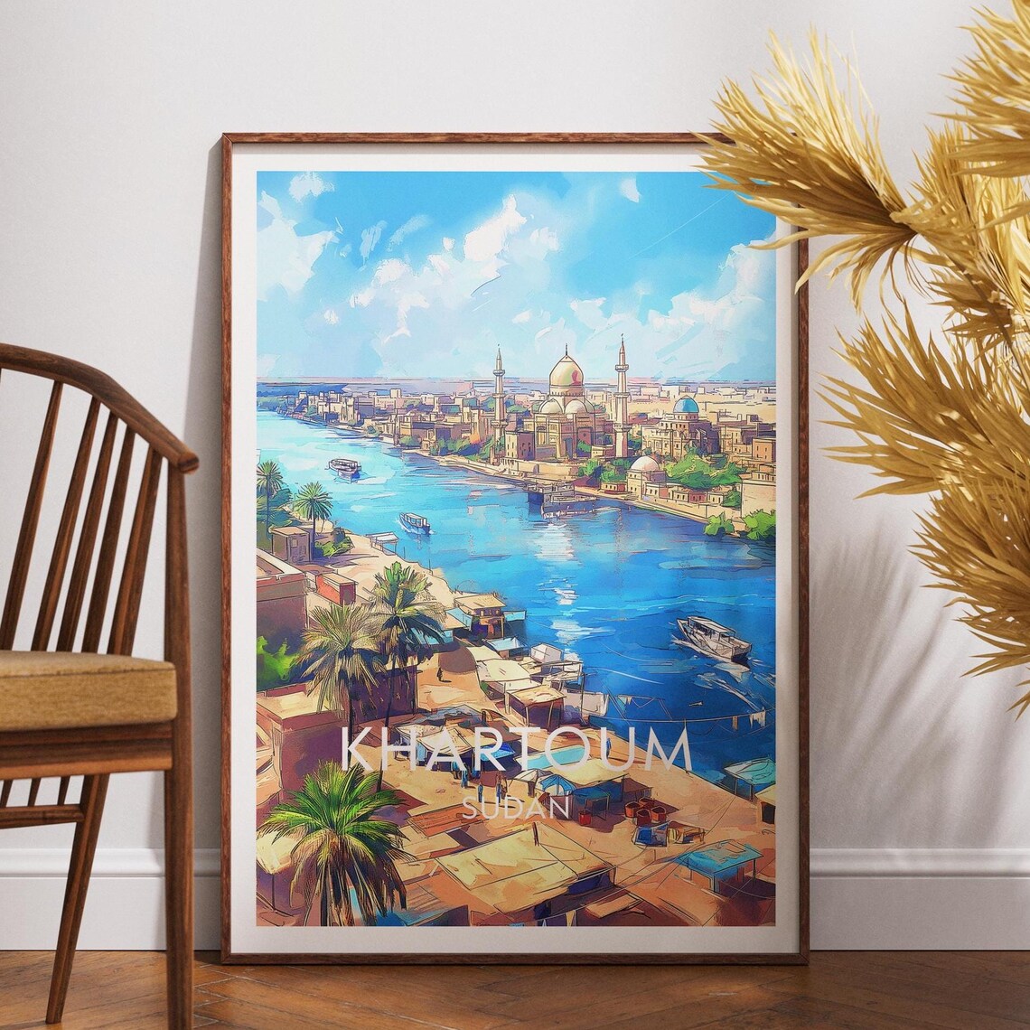 Khartoum Sudan Nile Riverfront Mosque Domes Boats Travel Poster