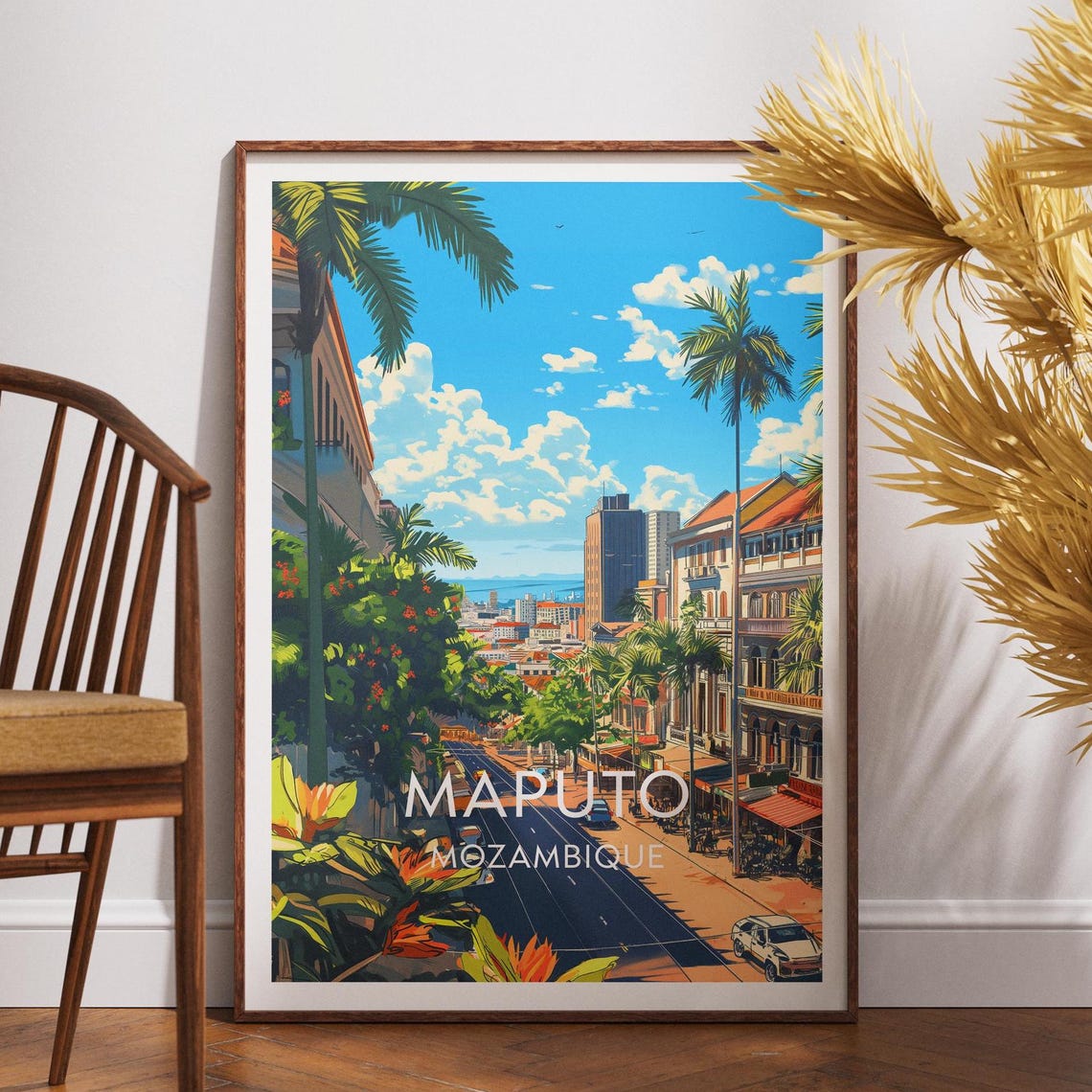 Maputo Mozambique Palm Lined Street Retro Travel Illustration Poster