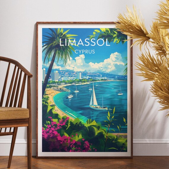Limassol Cyprus Sailboat Bay Bougainvillea Seaside Town Travel Poster