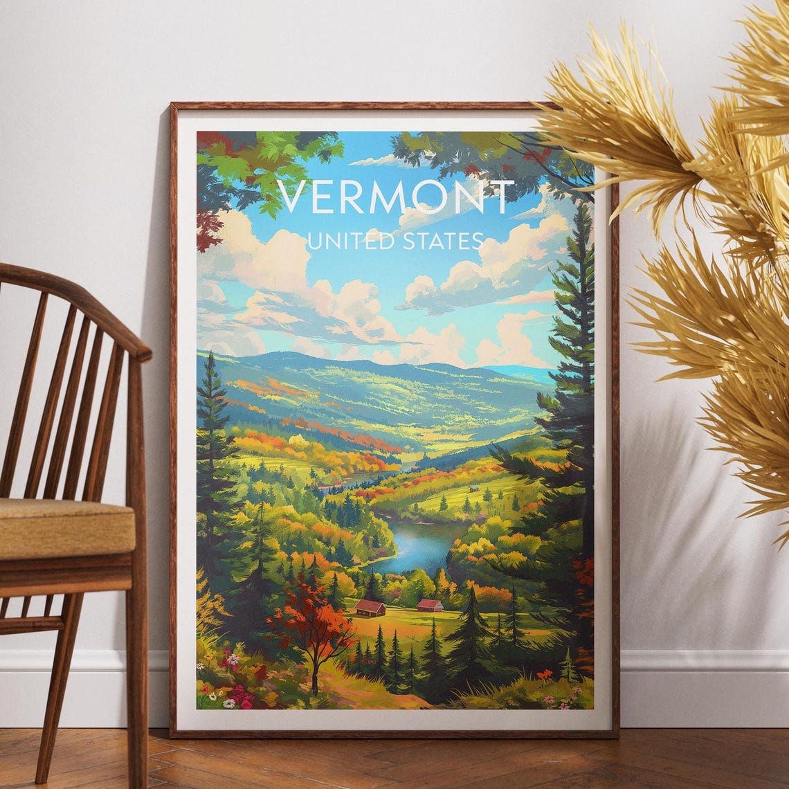 Vermont Fall Foliage Mountain Valley Pines Rustic Travel Poster