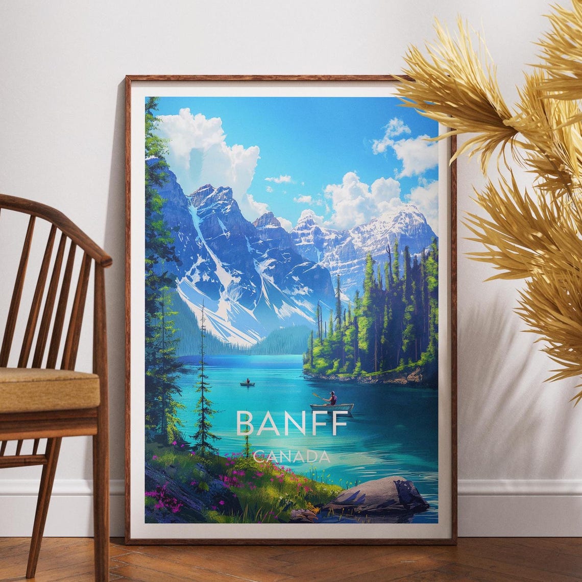 Banff Canada Turquoise Lake Canoe Alpine Vintage Travel Poster