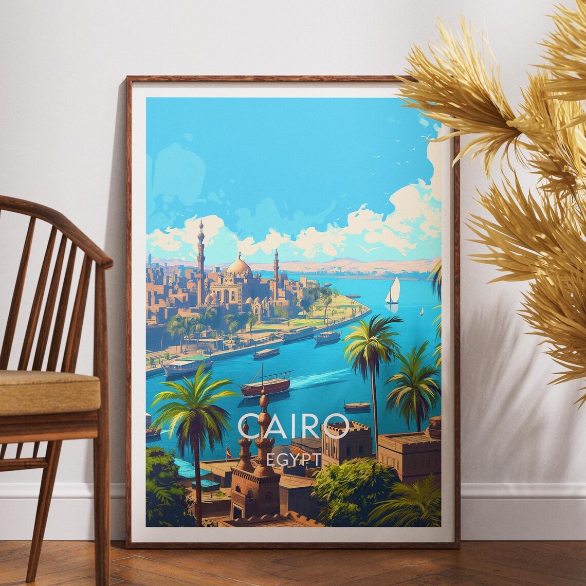 Cairo Egypt Nile Felucca Skyline Retro Vintage Travel Poster