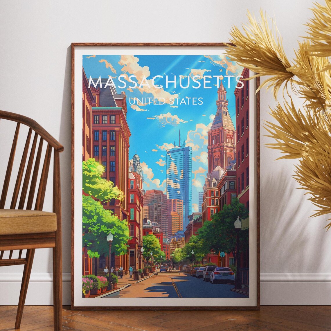 Massachusetts United States Historic Downtown Street Colorful Travel Poster