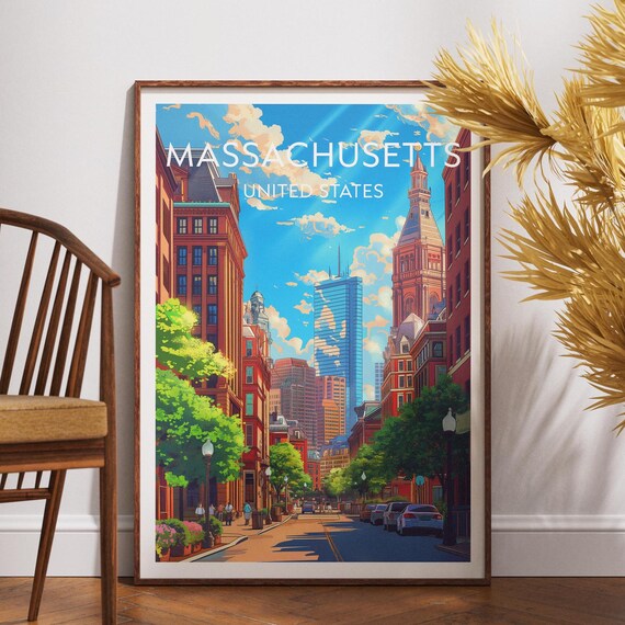 Massachusetts United States Historic Downtown Street Colorful Travel Poster