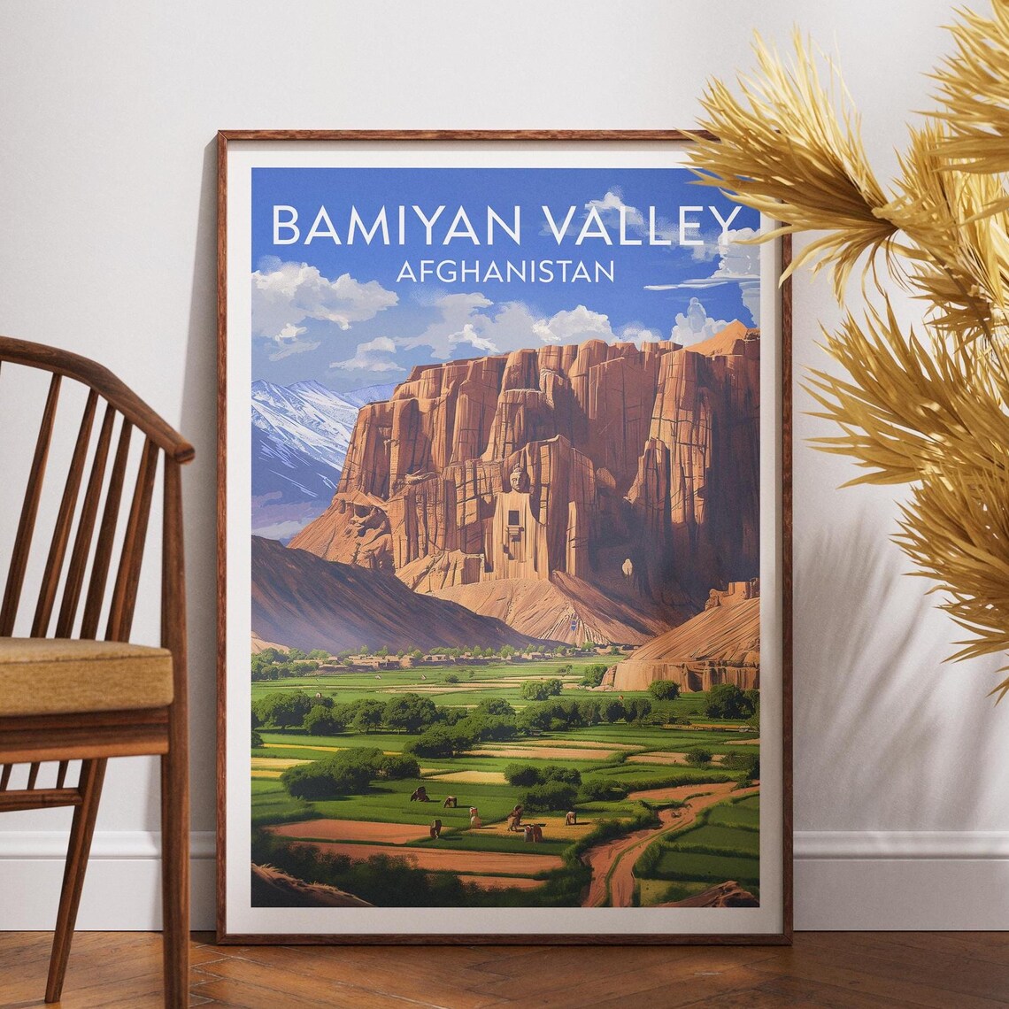 Bamiyan Valley Afghanistan Red Cliffs Farmland Sunny Vintage Travel Poster