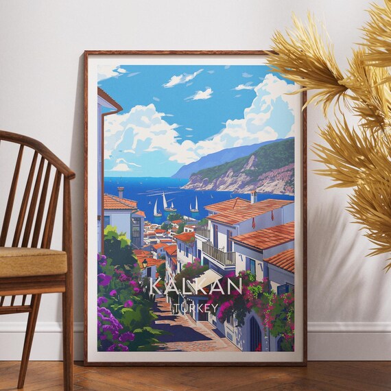 Kalkan Turkey Mediterranean Harbor Sailboats Bougainvillea Travel Poster