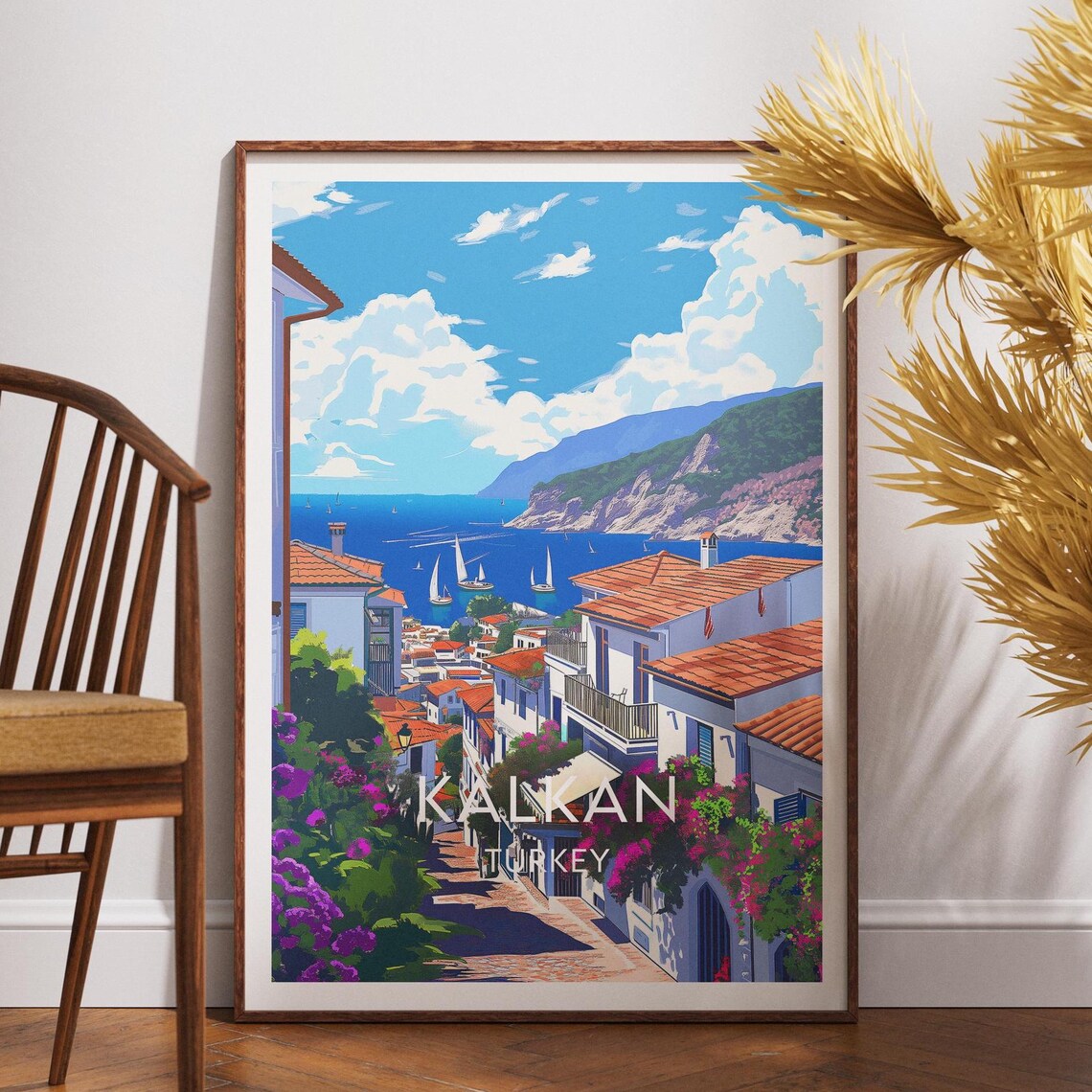 Kalkan Turkey Mediterranean Harbor Sailboats Bougainvillea Travel Poster