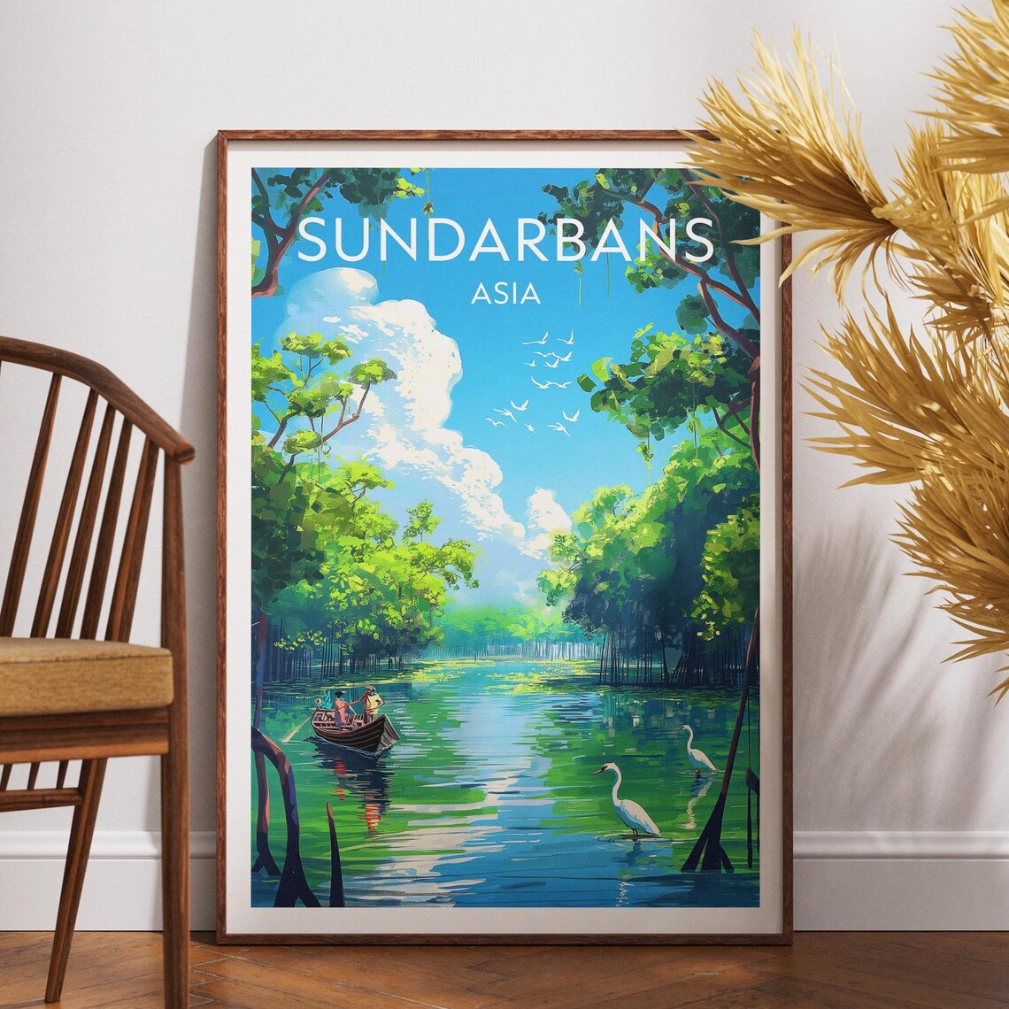 Sundarbans Asia Mangrove River Boats Egrets Vintage Travel Poster