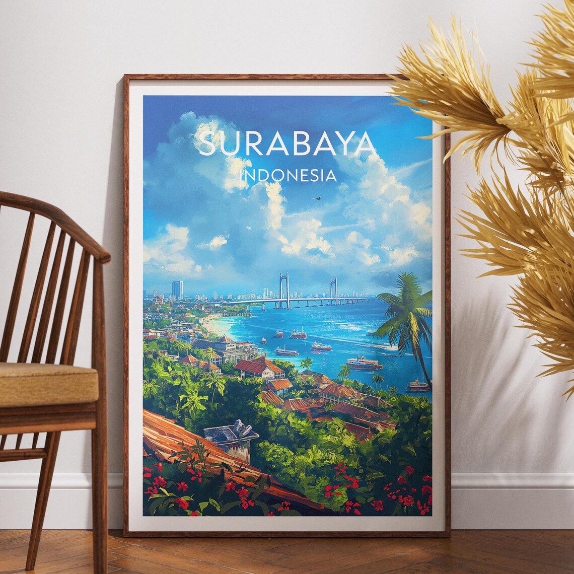 Surabaya Indonesia Coastal City Bridge Harbor Vintage Travel Poster