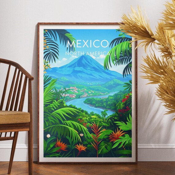 Mexico North America Tropical Volcano Jungle Landscape Travel Poster