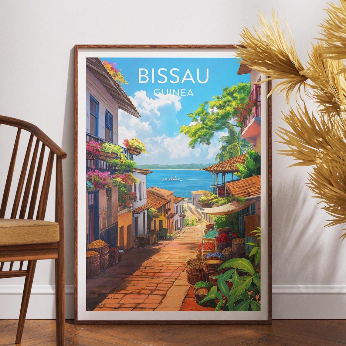 Bissau Guinea Flowered Street Blue Harbor Retro Travel Poster