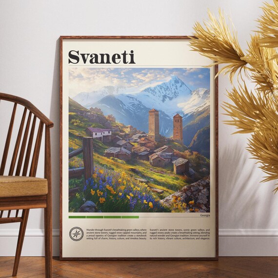 Svaneti Georgia Mountain Village Travel Poster Stone Towers Wildflowers Art