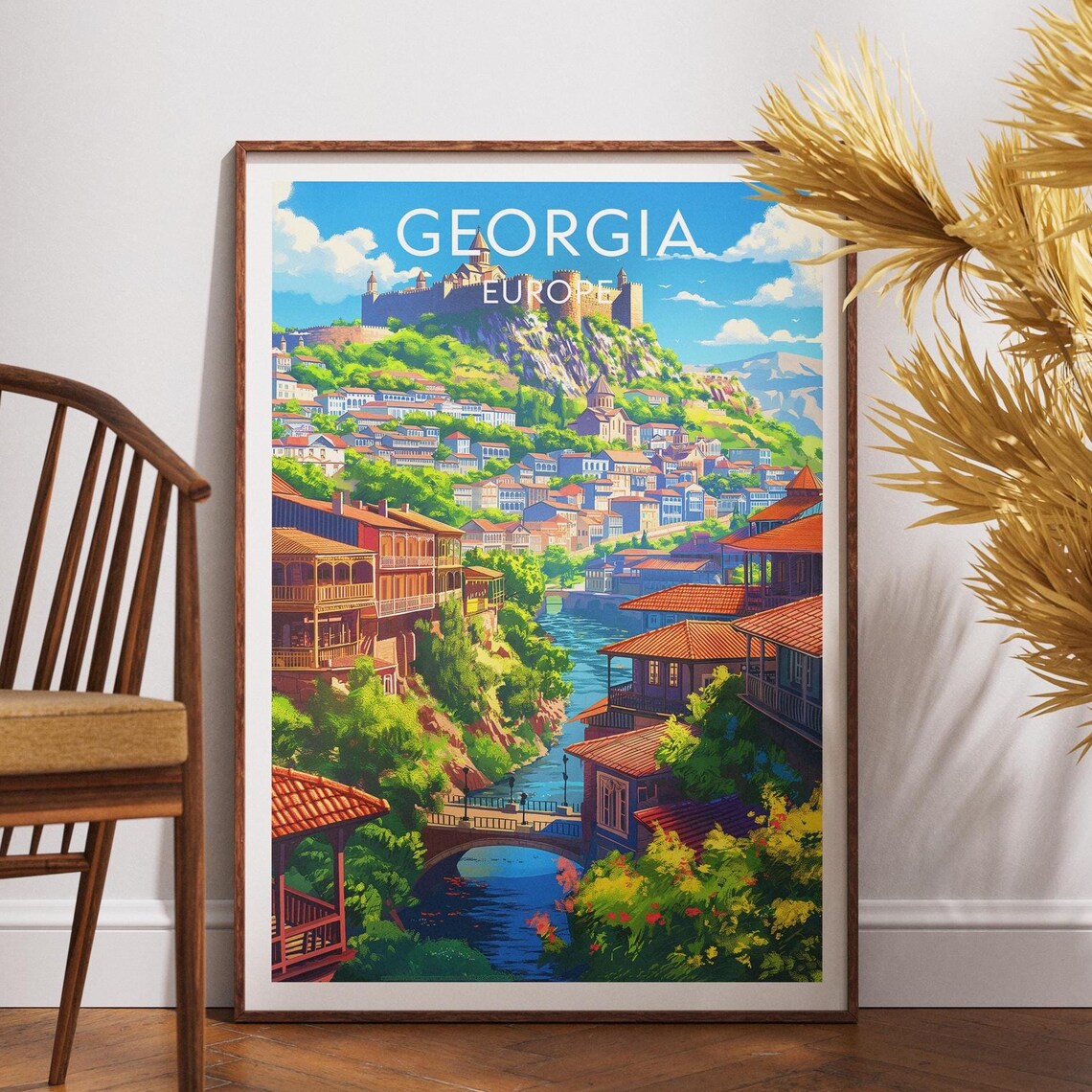 Georgia Europe Tbilisi Old Town Fortress River Vintage Travel Poster
