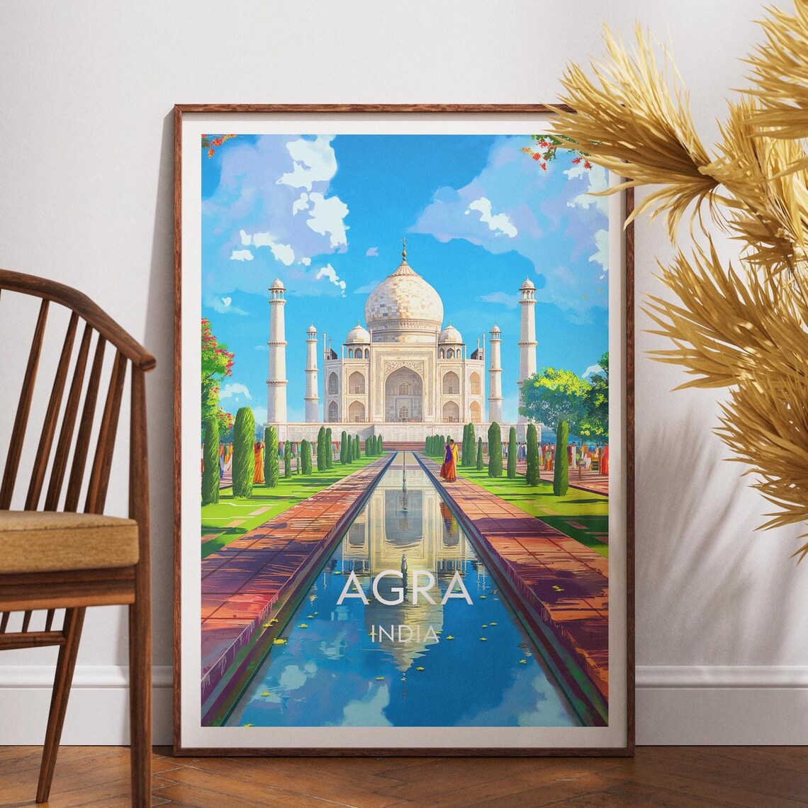 Agra India Taj Mahal Reflecting Pool Vintage Travel Art Poster