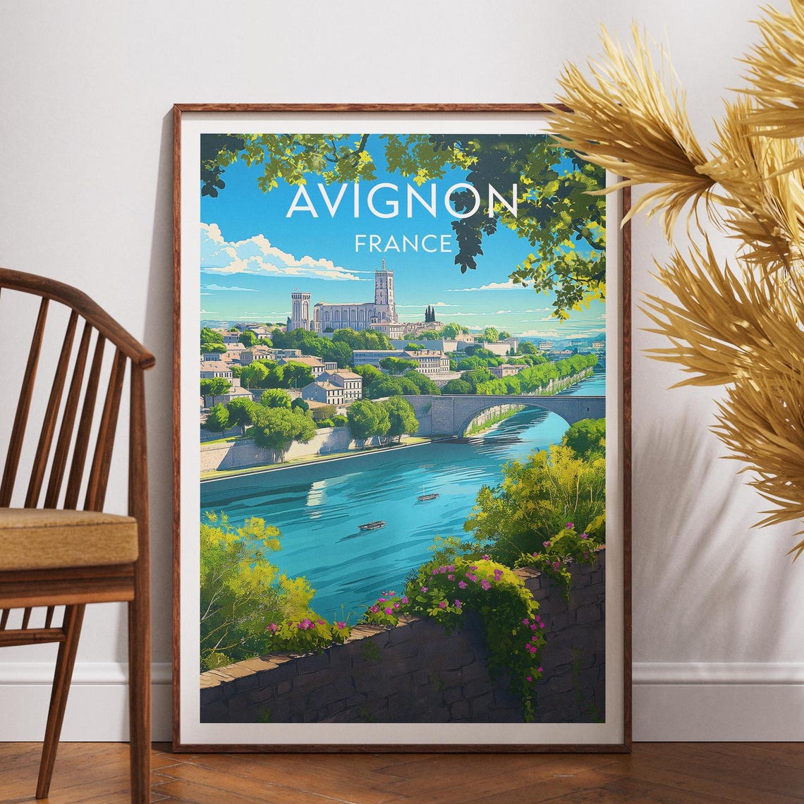 Avignon France Palace on the Hill Bridge River Travel Poster