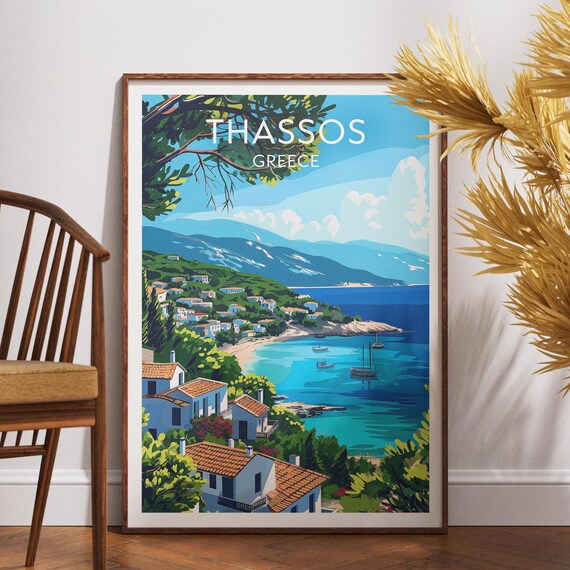 Thassos Greece Turquoise Cove Pine Trees Seaside Village Travel Poster