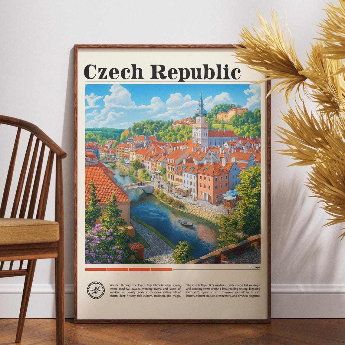Czech Republic Vintage Riverside Old Town Red Rooftops Travel Poster