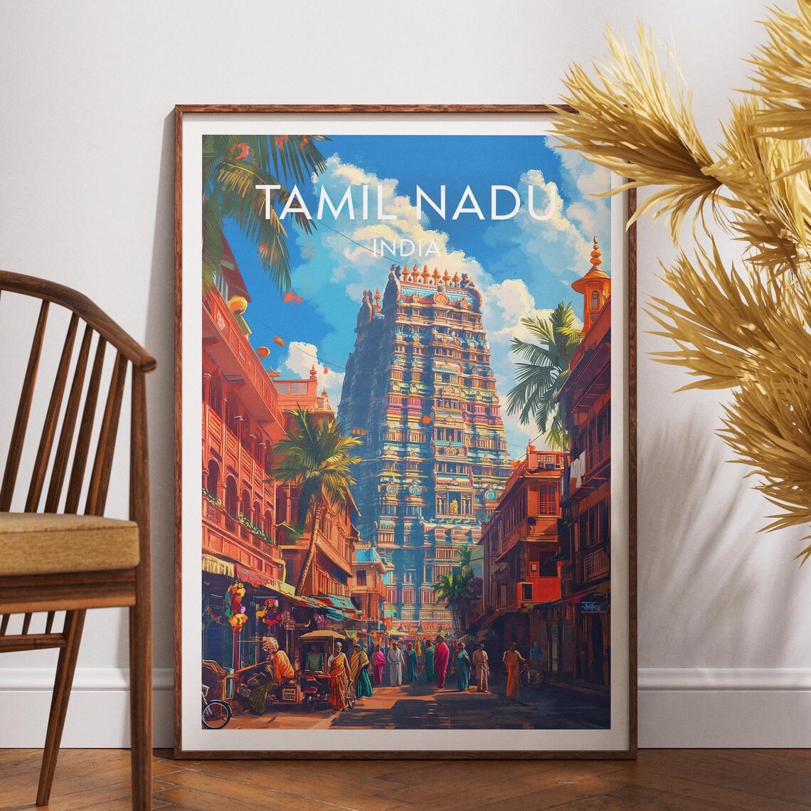 Tamil Nadu India Travel Poster Hindu Temple Tower Palm Street Art