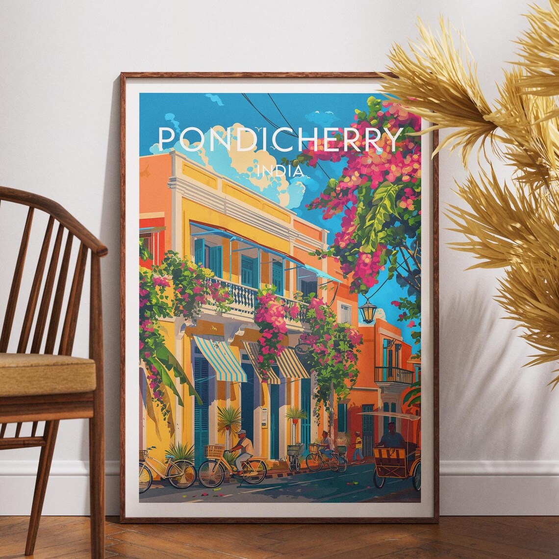 Pondicherry India French Colonial Street Bougainvillea Travel Poster