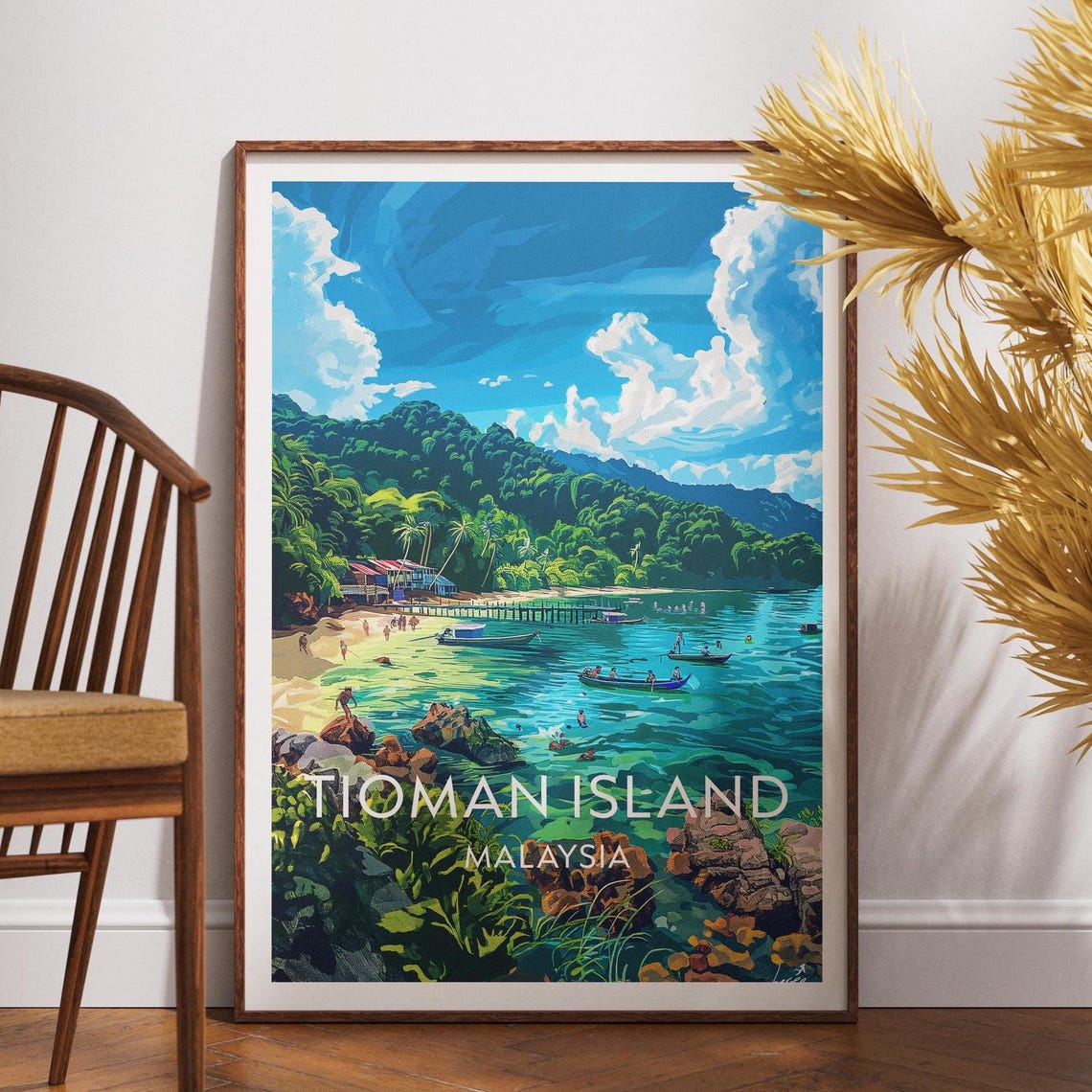 Tioman Island Malaysia Tropical Beach Boats Lush Cliffs Travel Poster