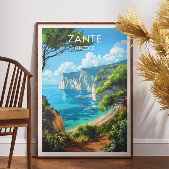 Zante Greece Limestone Cliffs Turquoise Sea Island Travel Poster