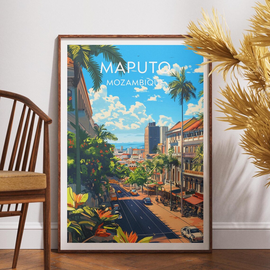 Maputo Mozambique City Street Palm Retro Travel Illustration Poster