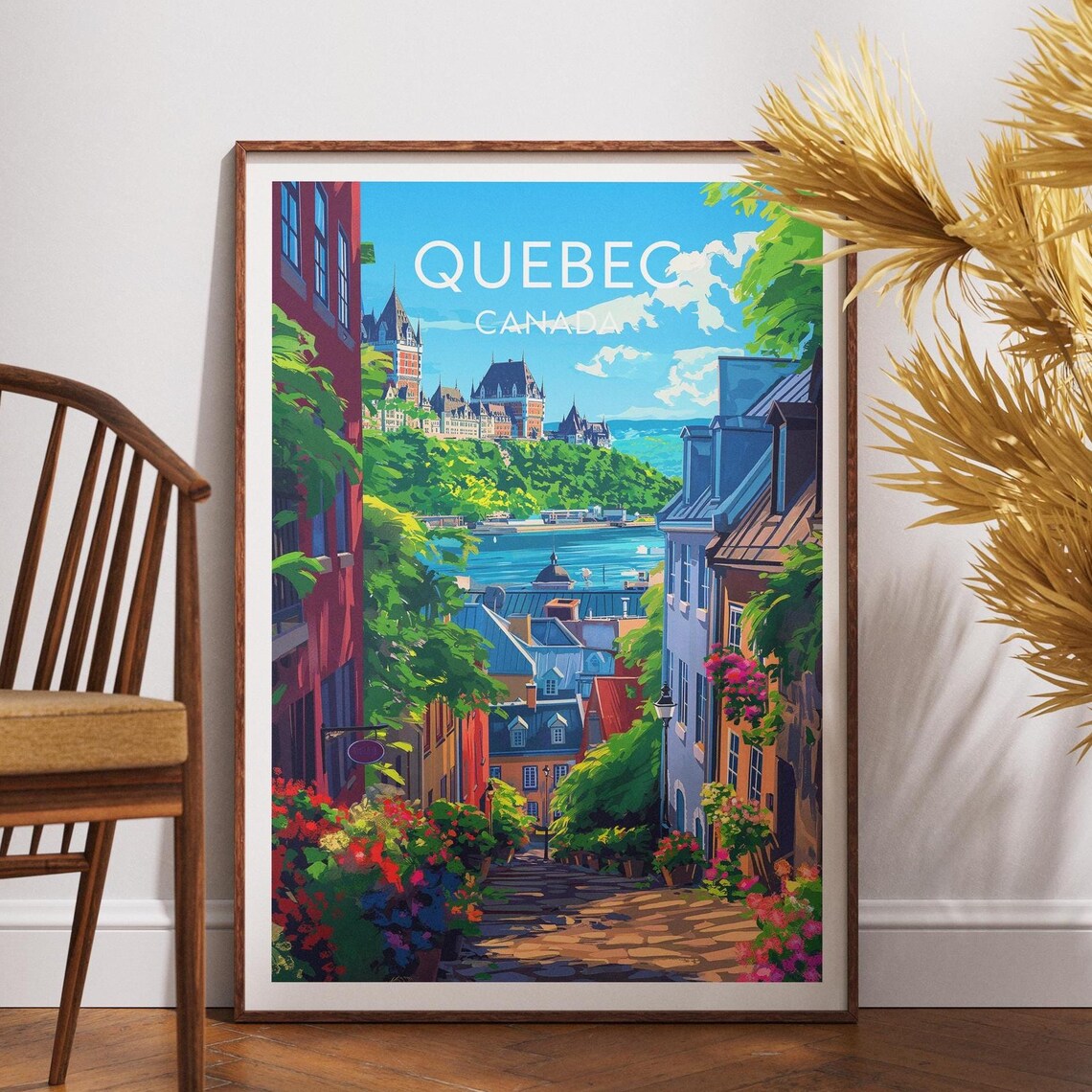 Quebec City Canada Old Town Flower Street Colorful Travel Poster