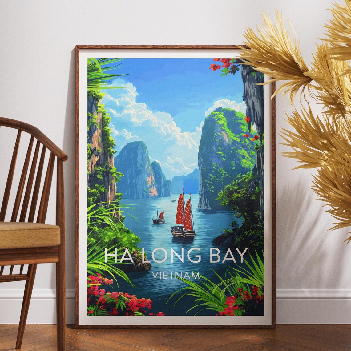 Ha Long Bay Vietnam Emerald Waters Junk Boat Island Peaks Travel Poster