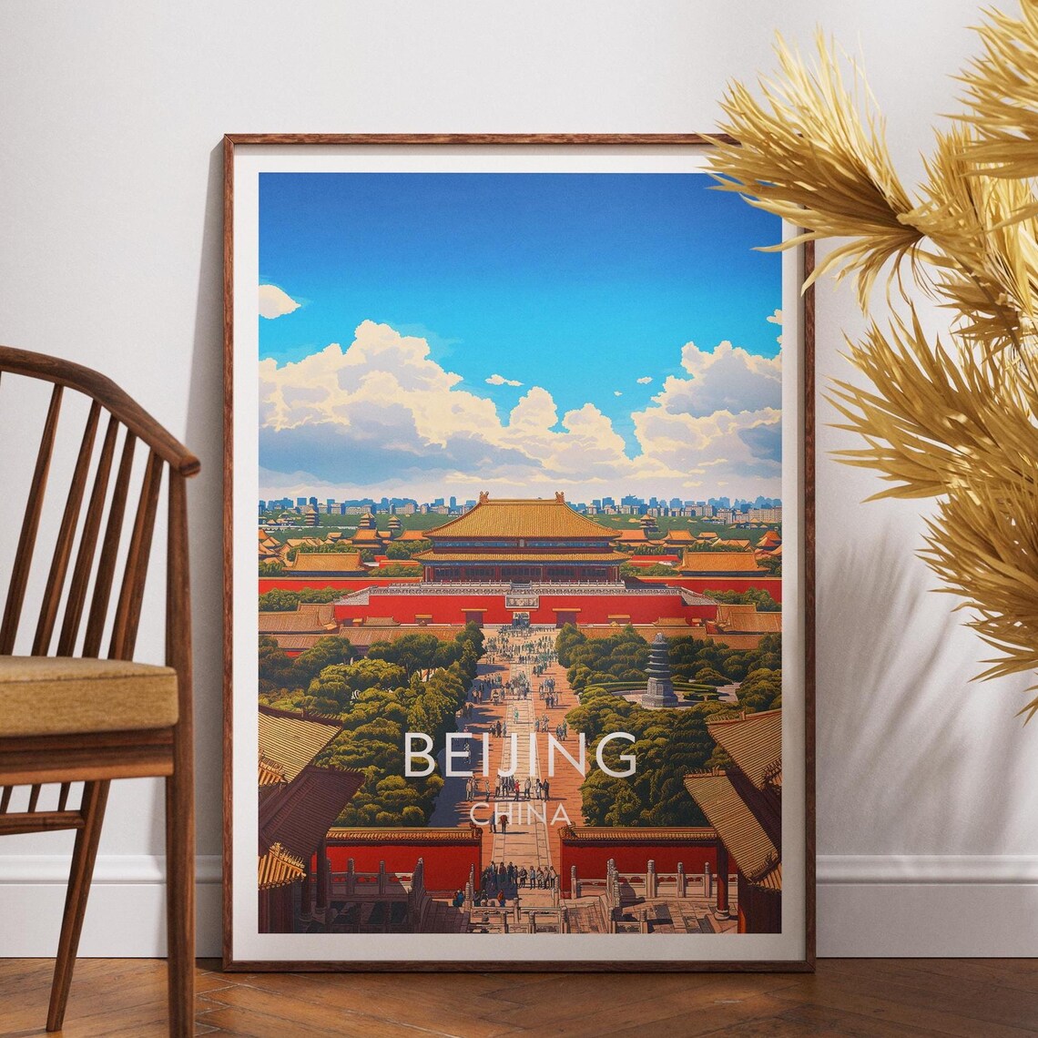 Beijing China Travel Poster Forbidden City Golden Roof Palace Scene