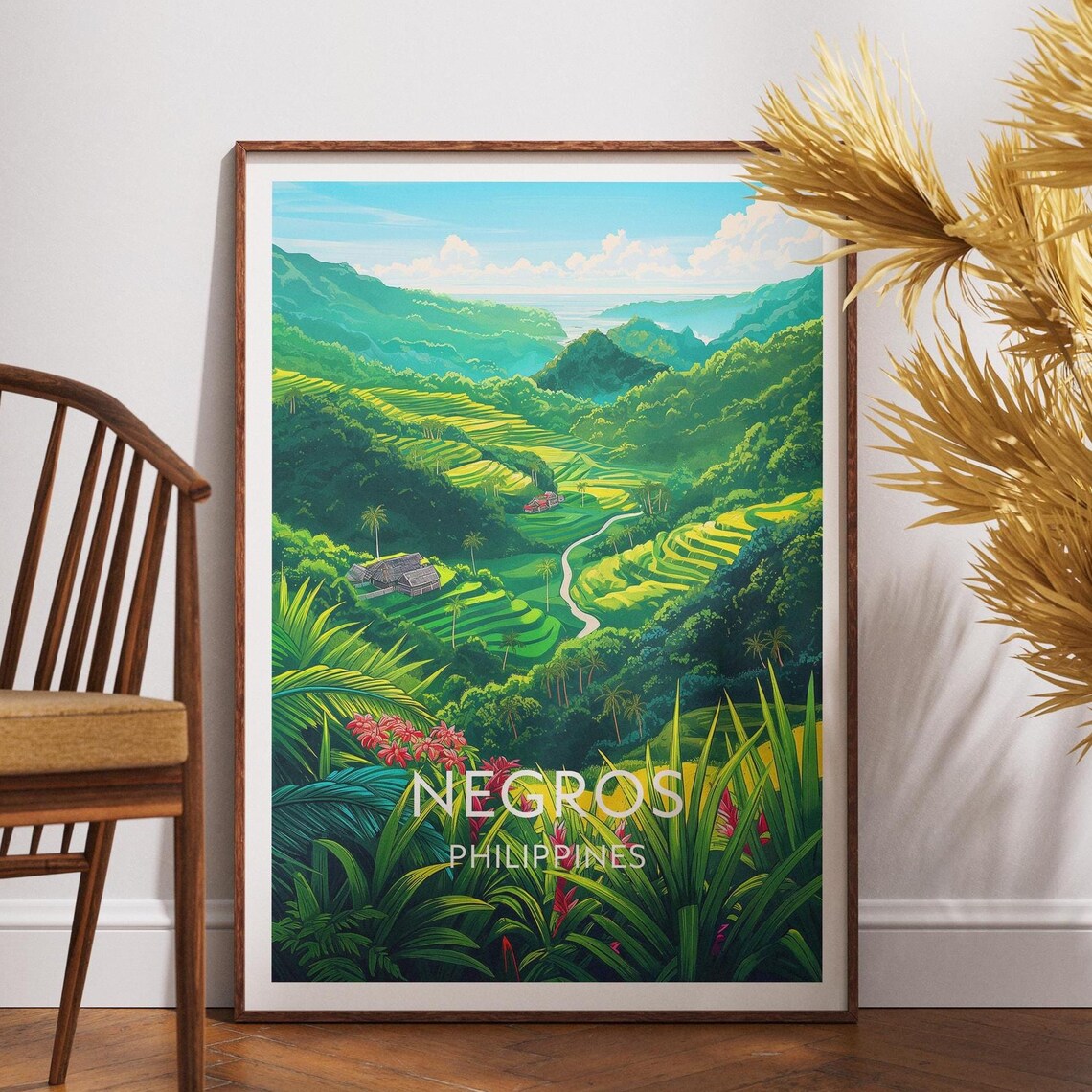 Negros Philippines Lush Terraced Hills Palm Trees Travel Poster