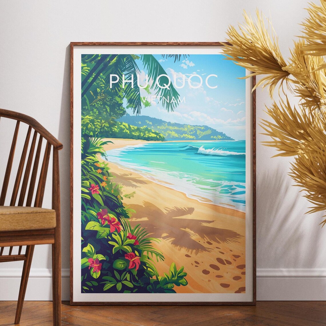Phu Quoc Vietnam Sandy Beach Ocean Waves Palm Shade Travel Poster